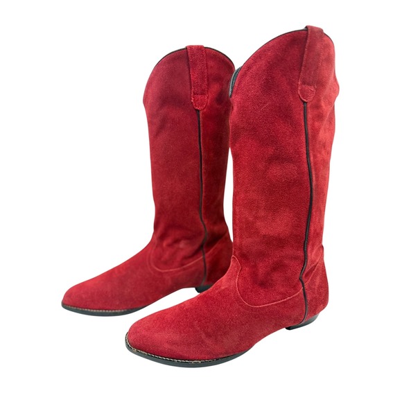 Unbranded Shoes - Red Suede Tall Western Cowboy Slouch Boots Women Size 8.5 Low Heel V-Cut Topline